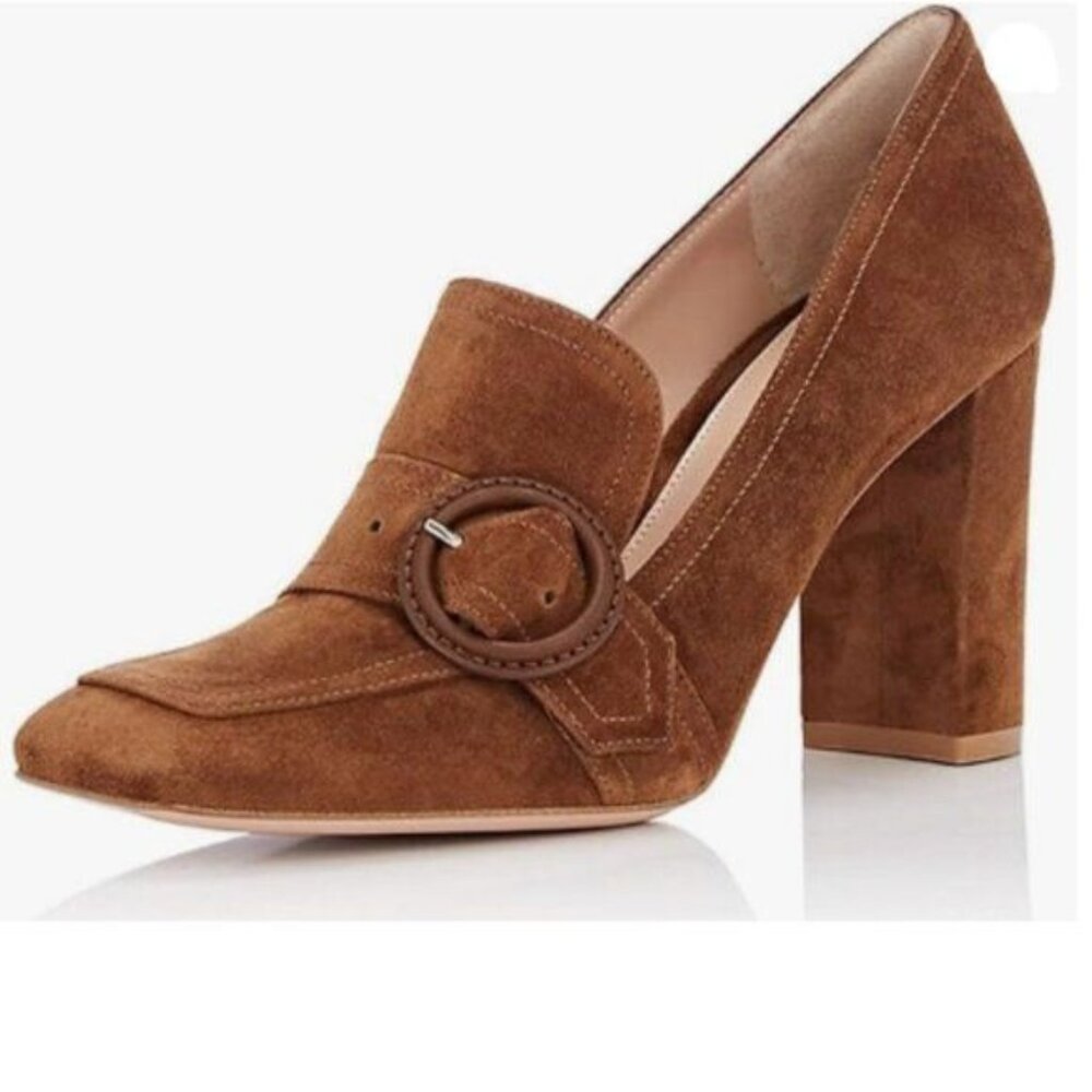 YDN Brown Suede Block Heel Loafers
